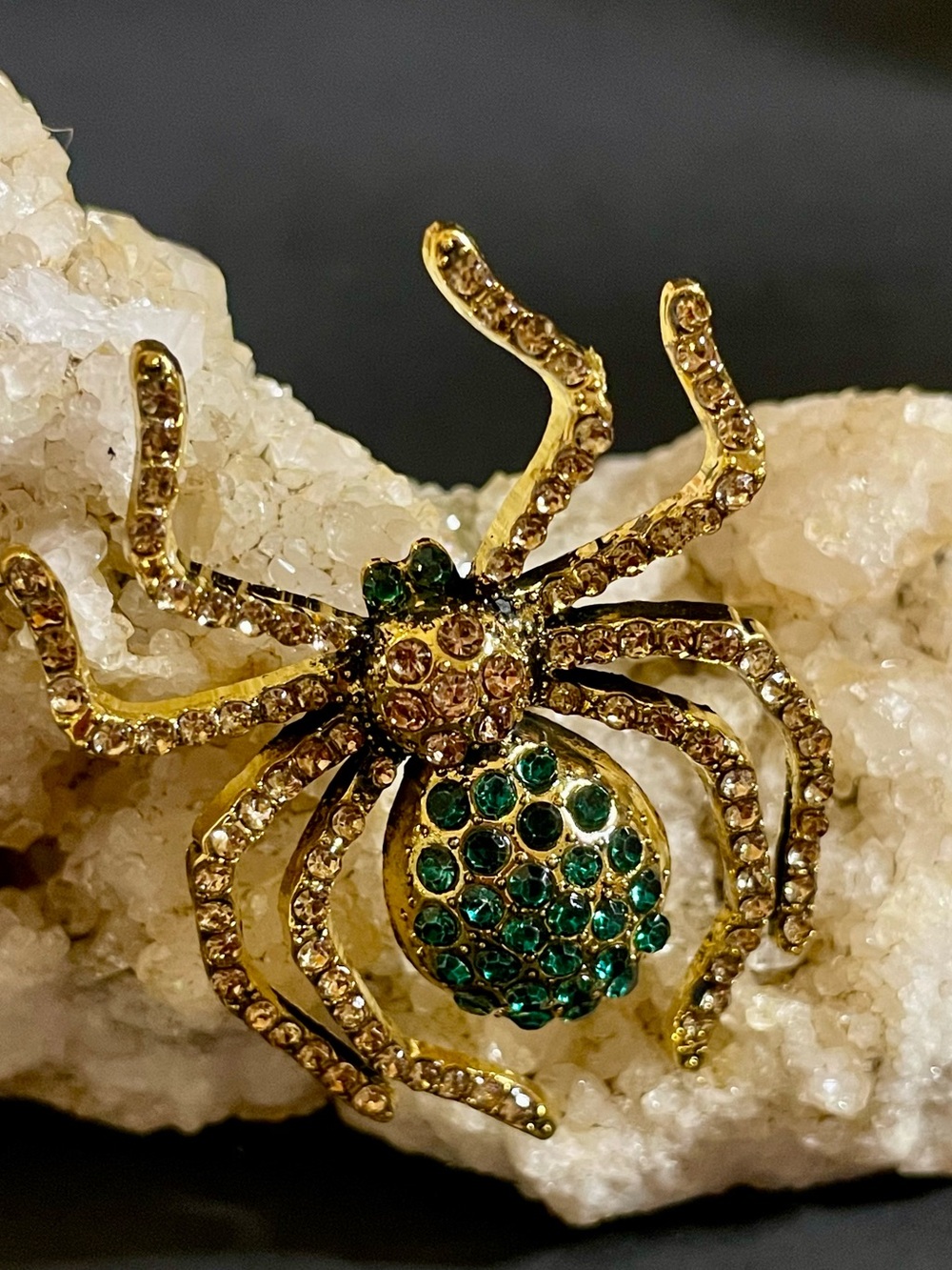 Gold Spider Brooch with Green Rhinestone Accents